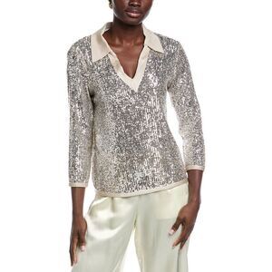 Carla Ruiz Womens  Sequin Johnny Collar Sweater, Metallic